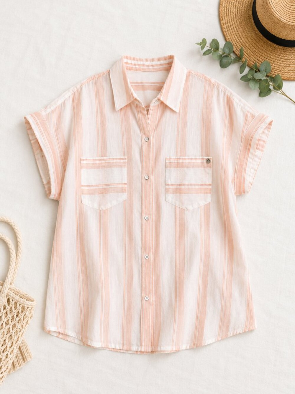 William Rast Large Peach Stripe Tie Back Button Front Short Sleeve Shirt